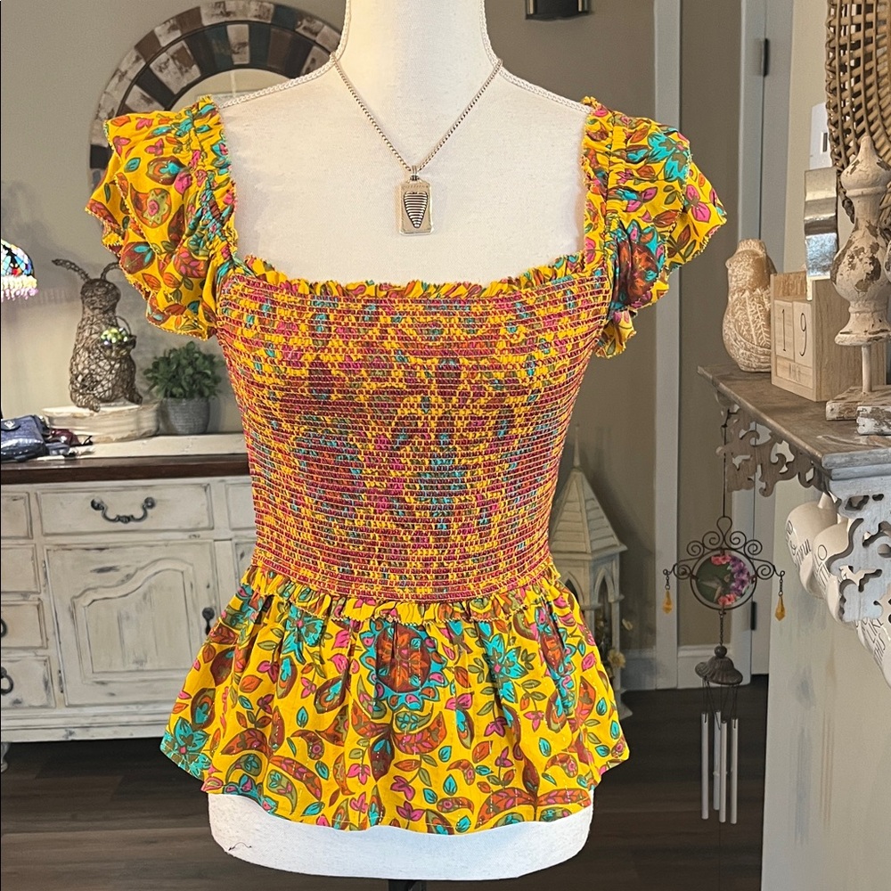 House of Harlow 1960 Yellow Floral Smocked Peplum Top